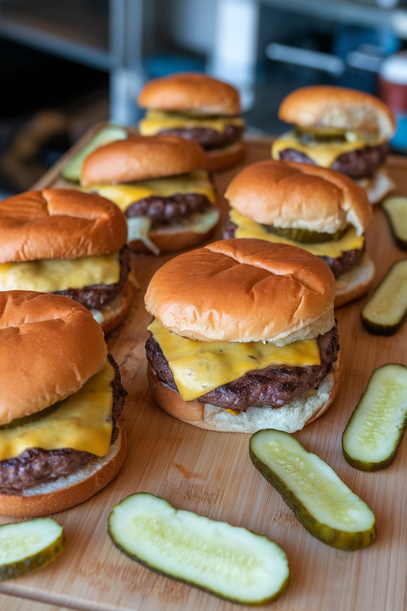Indoor photo of a cutting board lined with grilled cheeseburgers, melted American cheese and dill pickle chips visible; no text or logos.