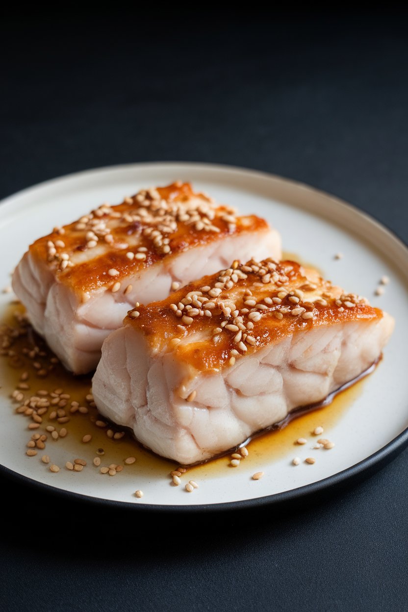 Indoor photo of tender cod fillets with a caramelized miso glaze, placed on a simple white plate with sesame seeds, no text or logos