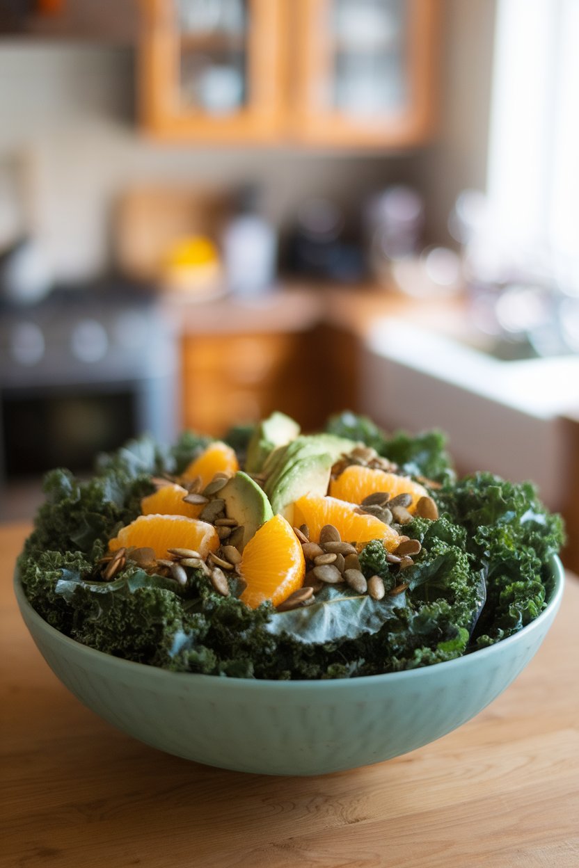 An indoor table with a large bowl of kale leaves massaged with citrus dressing, topped with orange segments, avocado slices, and toasted pumpkin seeds. Photo only, no text or branding.