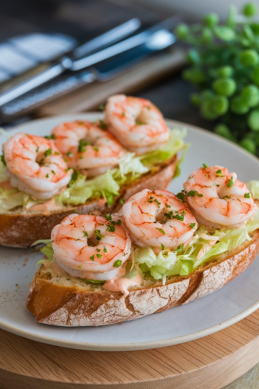 Indoor photo of toasted baguette halves loaded with cooked, seasoned Cajun shrimp, shredded lettuce, and remoulade sauce; no text or logos.