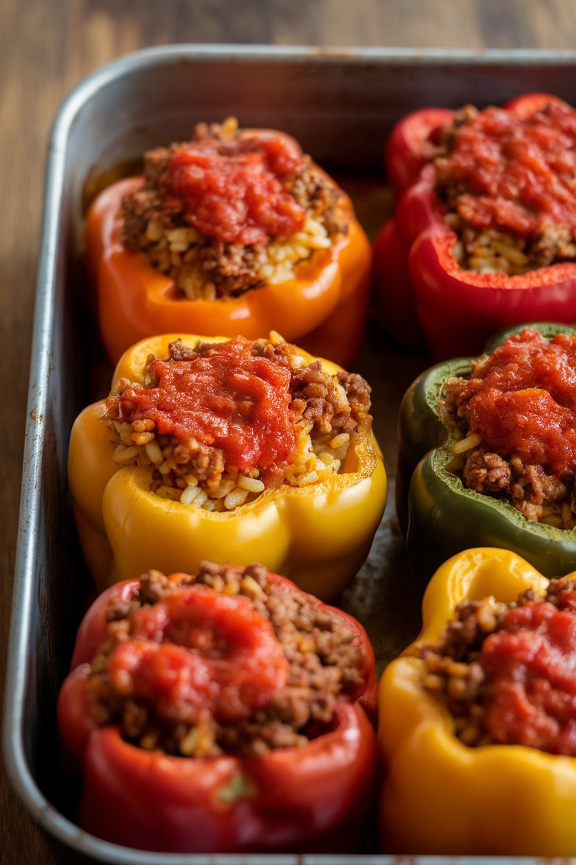 An indoor baking dish with colorful bell peppers stuffed with seasoned rice, ground meat, and tomato sauce; tops lightly browned. No text or logos. Photo.