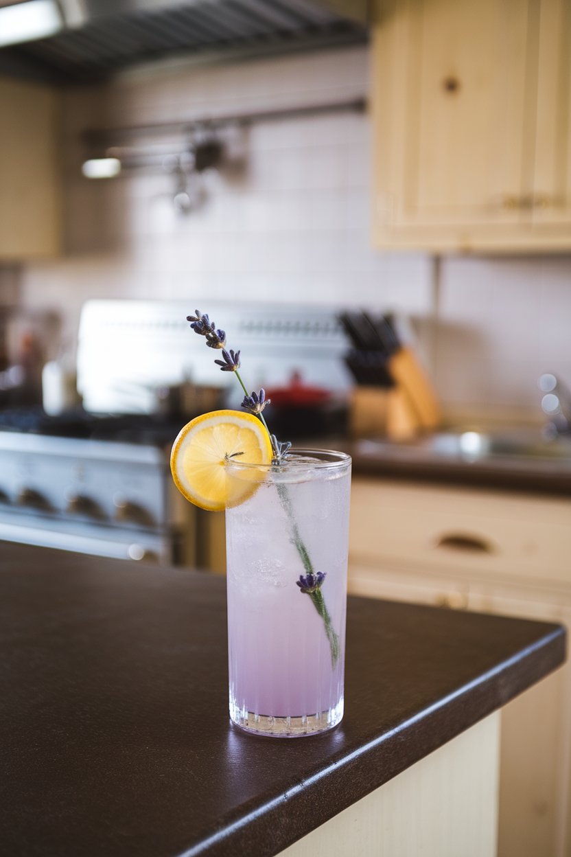 An indoor kitchen island with tall collins glass, pale-violet drink, lemon wheel, and lavender sprig; photo, not illustration; no text or logos.