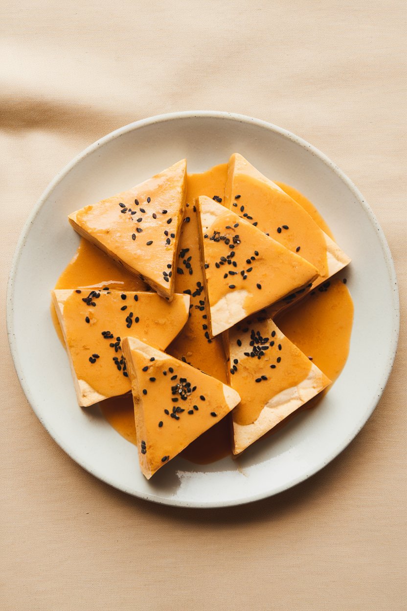 Photo prompt: Indoor setting showing tofu triangles glazed in light orange miso sauce, sprinkled with black sesame seeds. No text or logos.