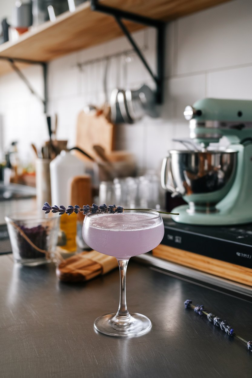 Indoor artisan kitchen with clear coupe glass of pale purple mocktail, lavender sprig garnish, no logos.
