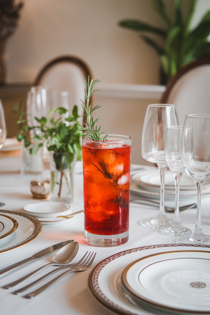 An indoor upscale dining table showcasing a highball glass of blood-orange soda with a single rosemary needle poking above rim. No logos or text. Photo.