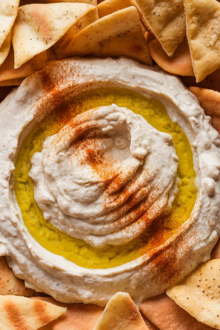 Photo of creamy white bean dip drizzled with olive oil and sprinkled with paprika, pita chips nearby, shot indoors. No text or logos.