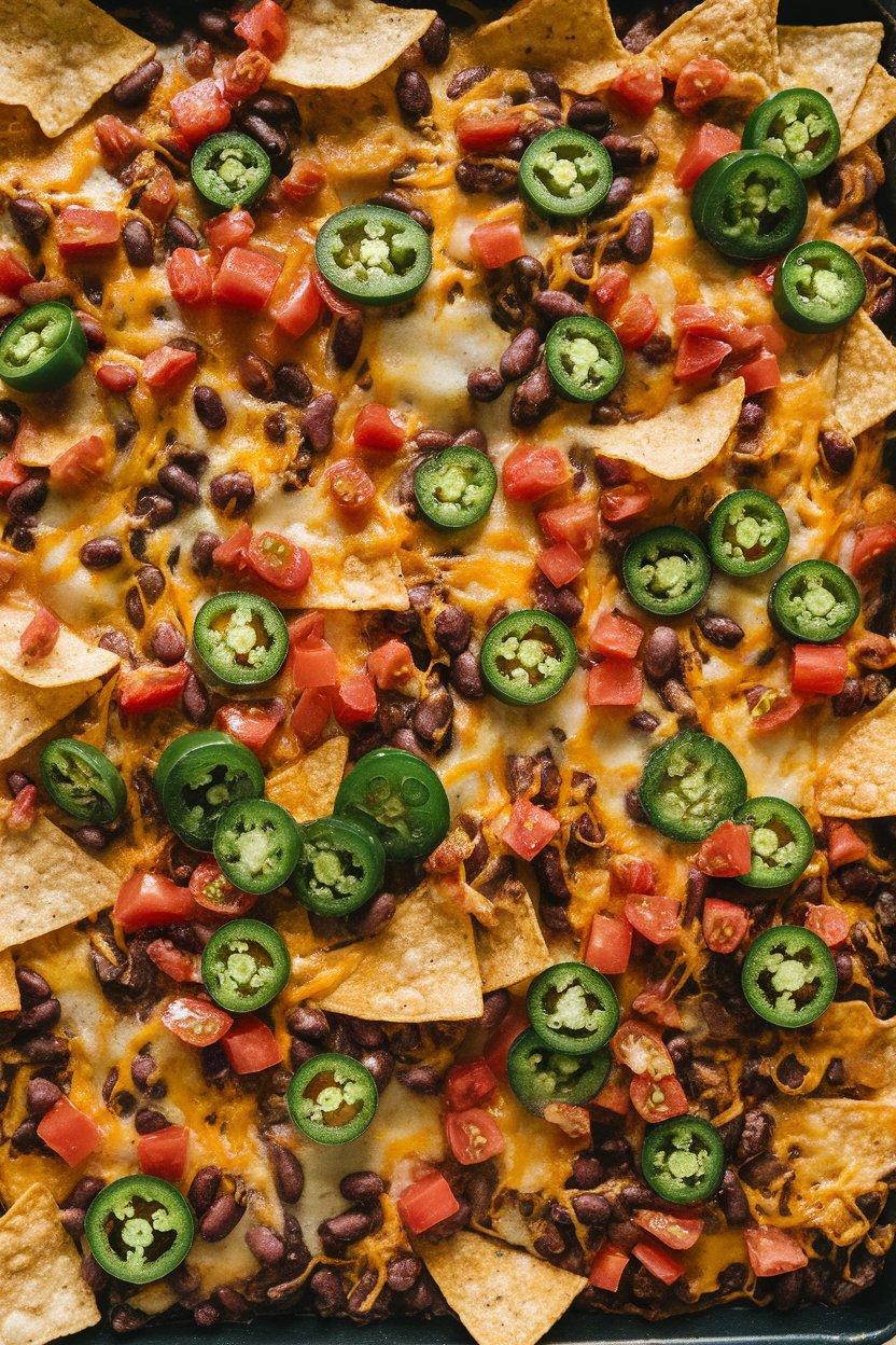 Overhead indoor shot of a large sheet pan covered in tortilla chips, melted cheese, jalapeños, black beans, and diced tomatoes, no text or logos. Photo only.