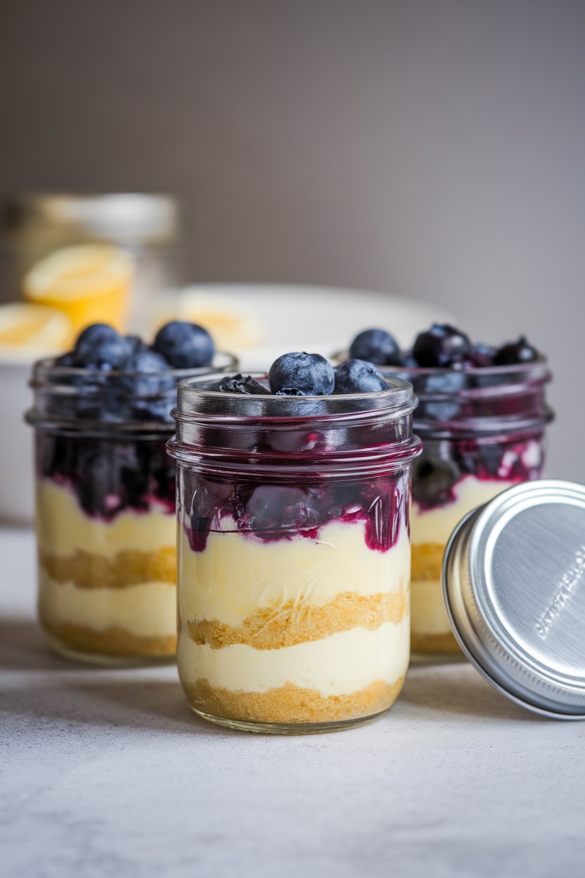 Photo of small mason jars indoors layered with lemon cheesecake filling and blueberry compote, metal lids off to the side. No text or logos.