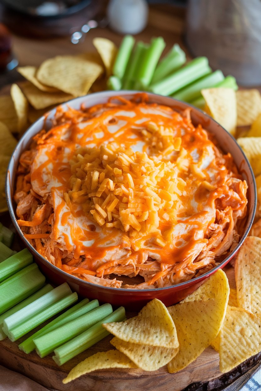 Indoor casserole dish of creamy buffalo chicken dip with melted cheese on top, surrounded by celery sticks and chips. No logos or text.