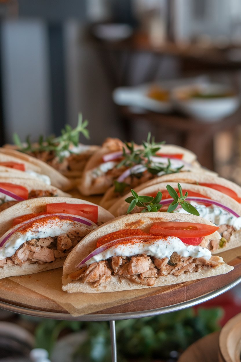 Indoor platter of pita halves stuffed with oregano chicken, tomato, red onion, and tzatziki. No text or logos.