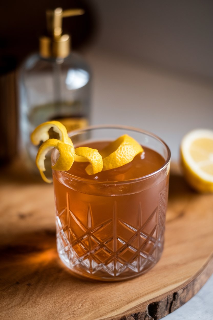Photo of a short crystal glass indoors with a neat amber cocktail, lemon peel expressed over the surface, absinthe rinse atomizer in background, soft bar lighting, no text or logos