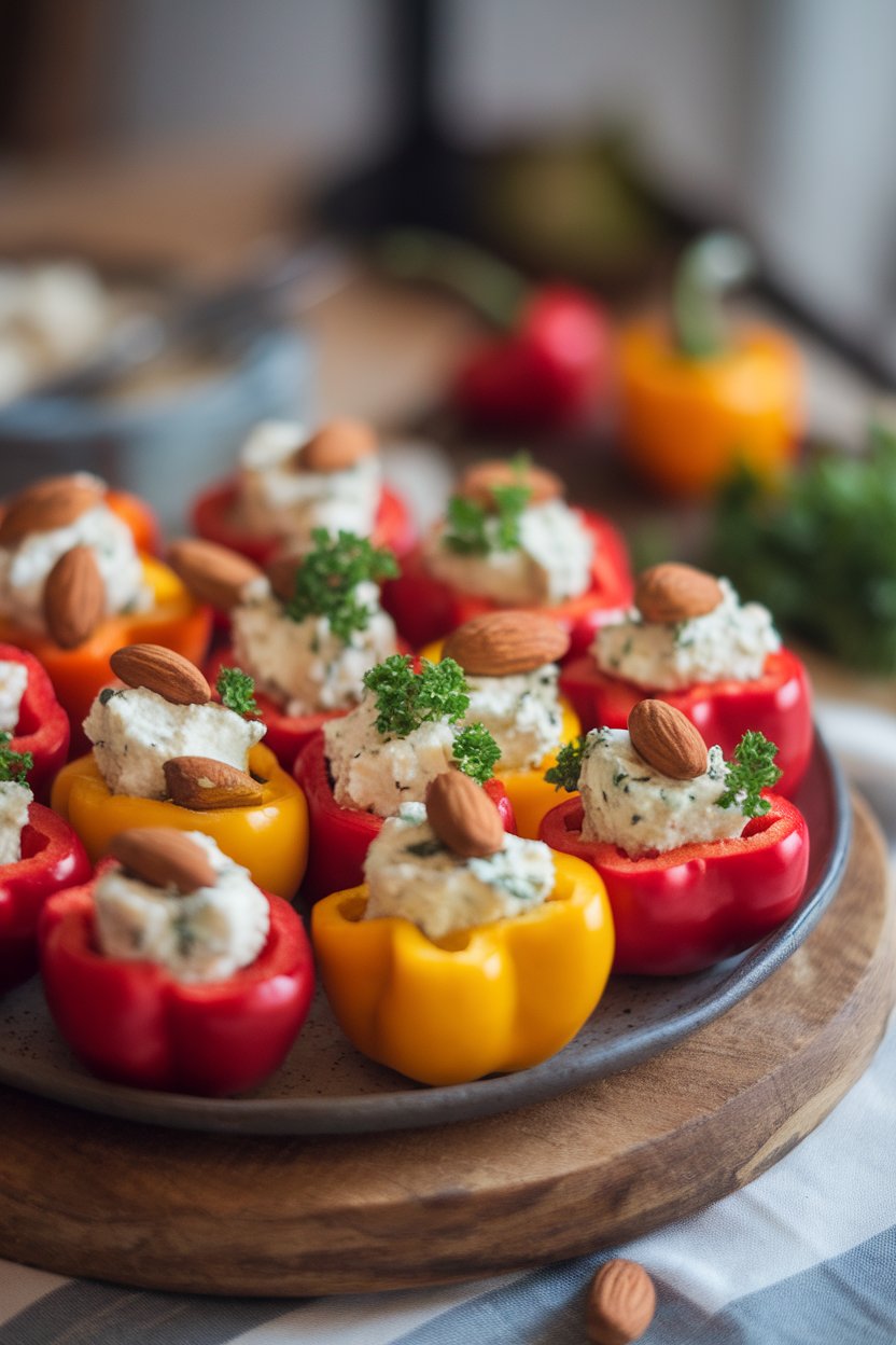 Photo prompt: Indoor platter of colorful bite-size sweet peppers filled with herbed almond cheese, parsley garnish. No logos or text. Photo, not illustration.