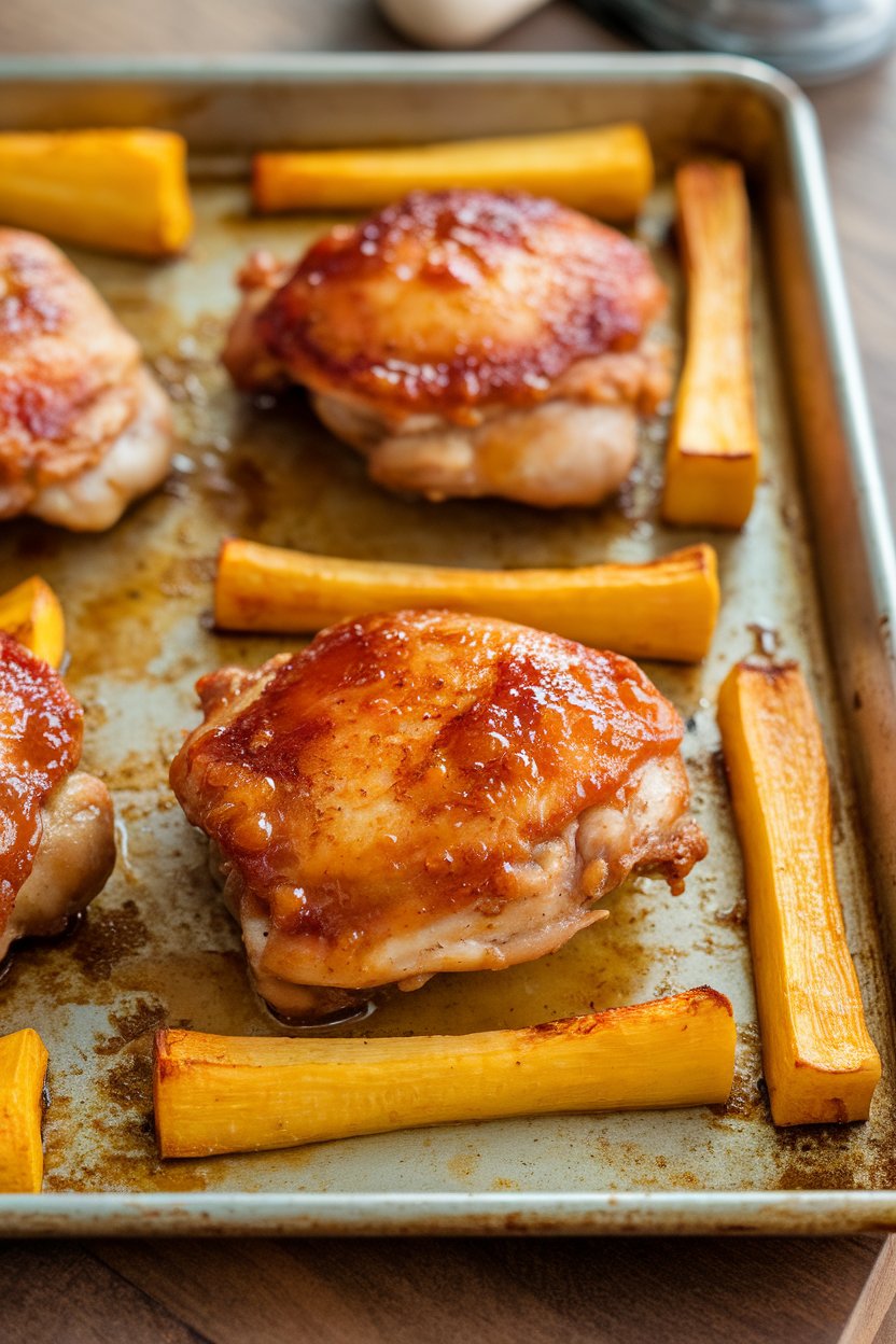 Indoor photo of apple-cider glazed chicken thighs, roasted parsnip spears turning caramel-brown on a sheet pan. No text or logos.