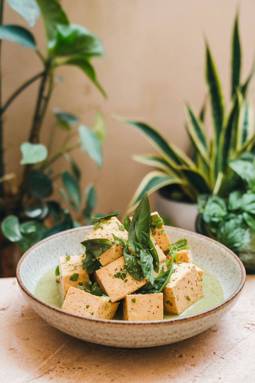 Photo prompt: Indoor bowl of tofu cubes speckled with chopped Thai basil and lime zest, light green sauce visible. No text or logos.