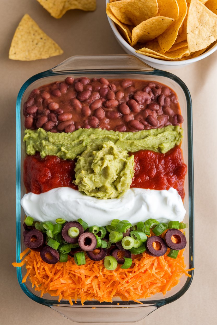 An overhead indoor shot of a glass dish showing defined layers of refried beans, guacamole, sour cream, salsa, cheese, olives, and green onions. Tortilla chips in a separate bowl alongside. No text or logos. Photo, not illustration.