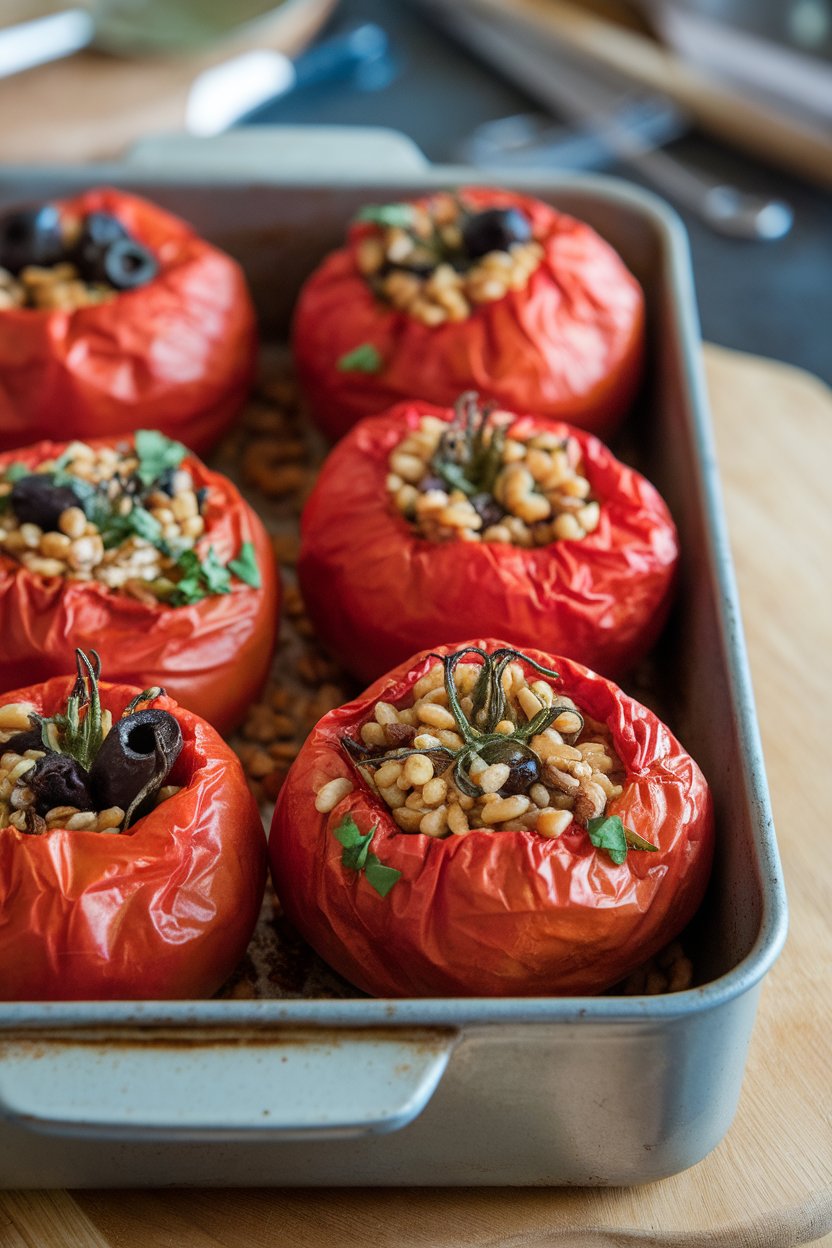Indoor baking dish with large tomatoes filled with farro, olives, and herbs, tops slightly wrinkled from roasting. No text or logos. Photo only.