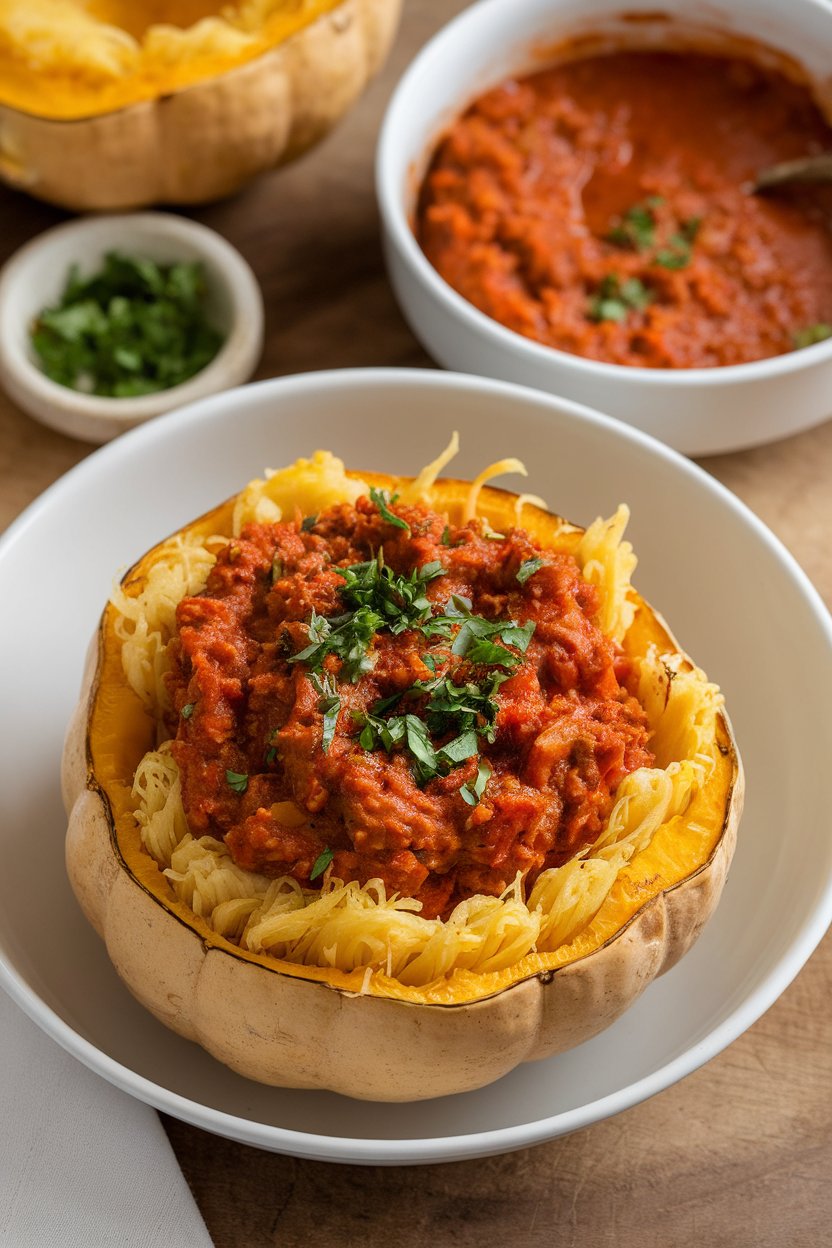 Photo indoors of roasted spaghetti squash strands topped with turkey Bolognese sauce, sprinkled with parsley, no logos.