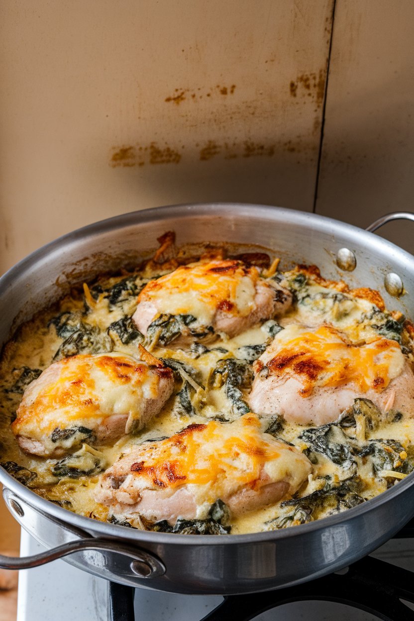 Metal pan indoors with chicken breasts smothered in creamy spinach-artichoke mixture, cheese bubbling on top. No logos or text.