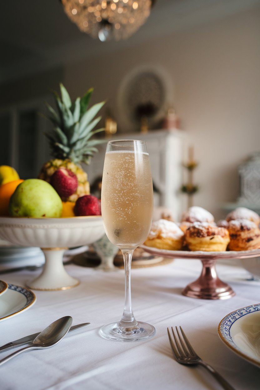 Indoor dining table with flute of pale straw-colored sparkling beverage, fine bubbles, no brand label visible, no text.