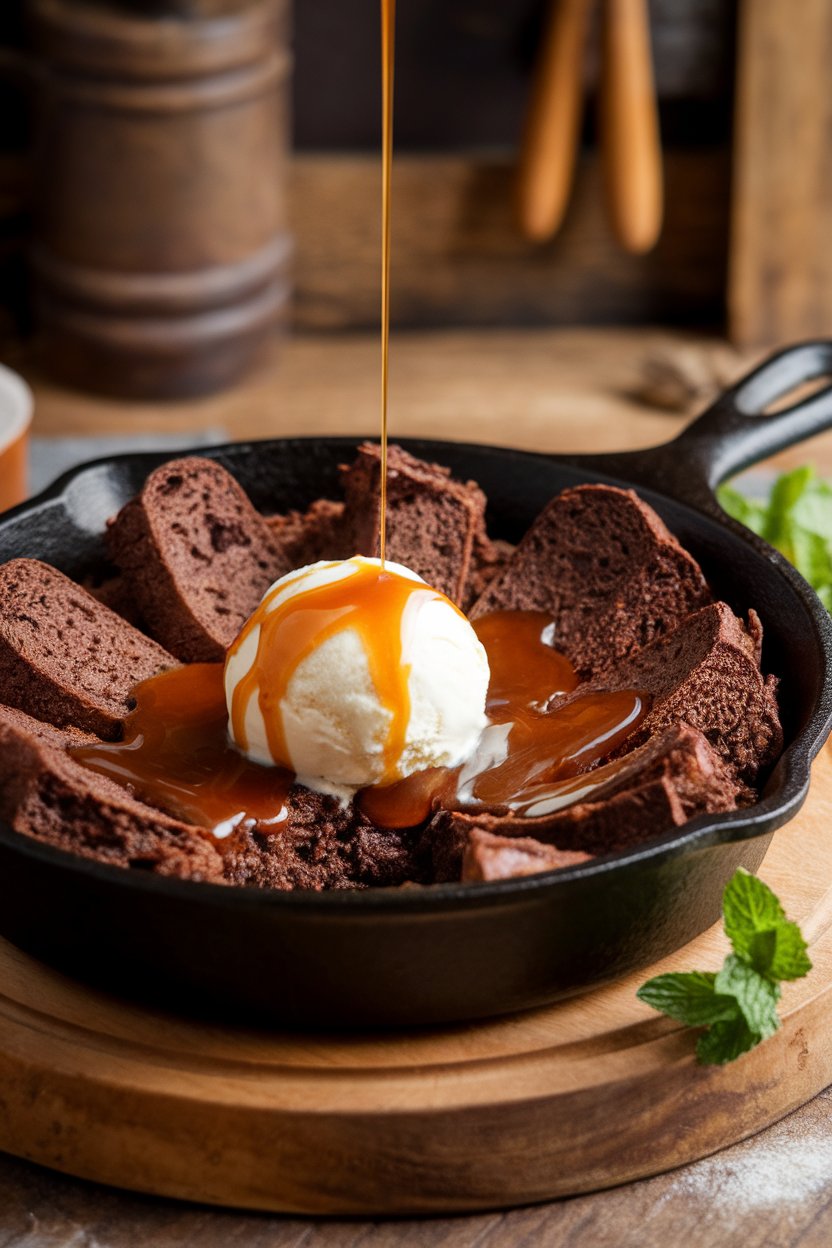 Photo of chocolate bread pudding served in an indoor cast iron skillet, bourbon caramel sauce drizzled on top. No text or logos.