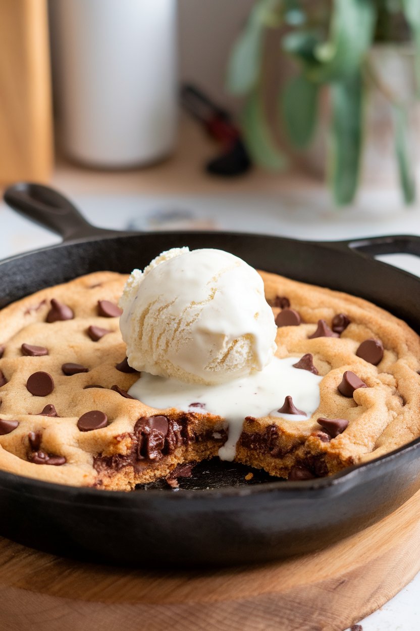An indoor cast-iron skillet holding a giant gooey chocolate chip cookie topped with melting vanilla ice cream. No text or logos; photo, not illustration.