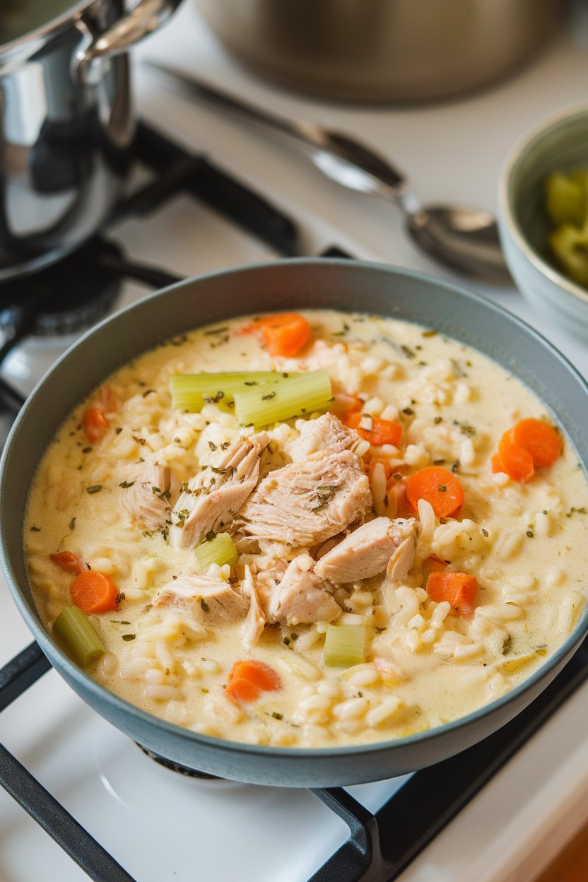 Indoor kitchen scene with a creamy chicken and rice soup—diced chicken, long-grain rice, carrots, and celery in ivory broth. No text or logos. Photo.