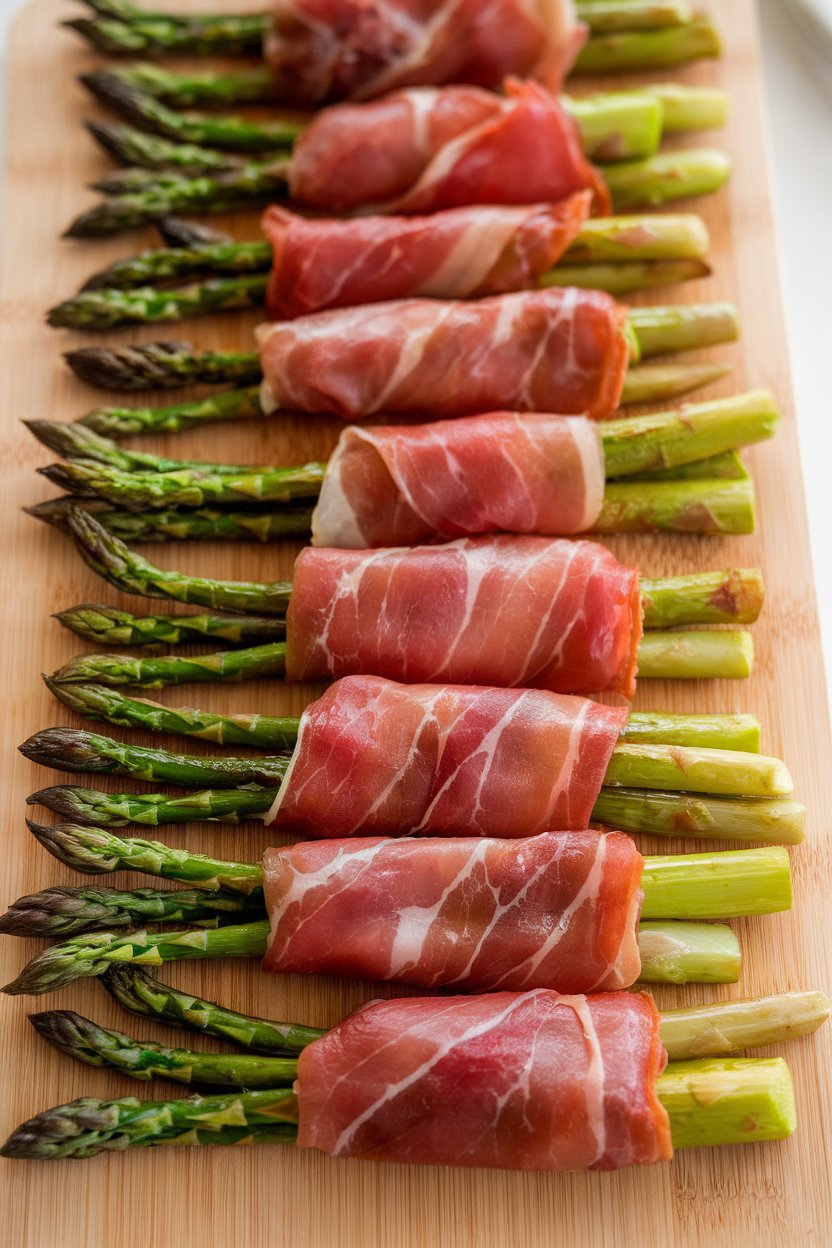 Indoor serving board lined with roasted asparagus spears wrapped in prosciutto, edges slightly crisp. No text or logos.
