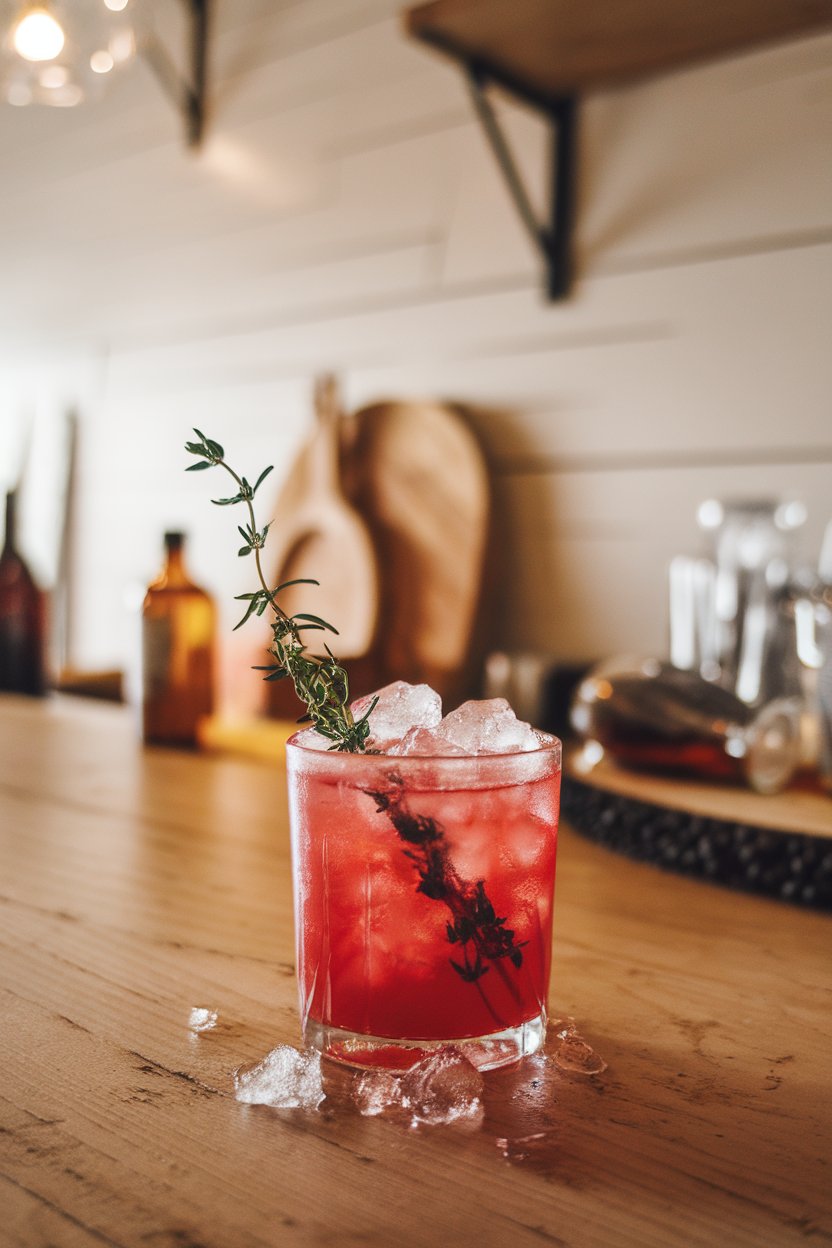 An indoor farmhouse-style bar with rocks glass of bright-red mocktail, thyme sprig inserted, crushed ice overflowing; photo, not illustration; no text or logos.