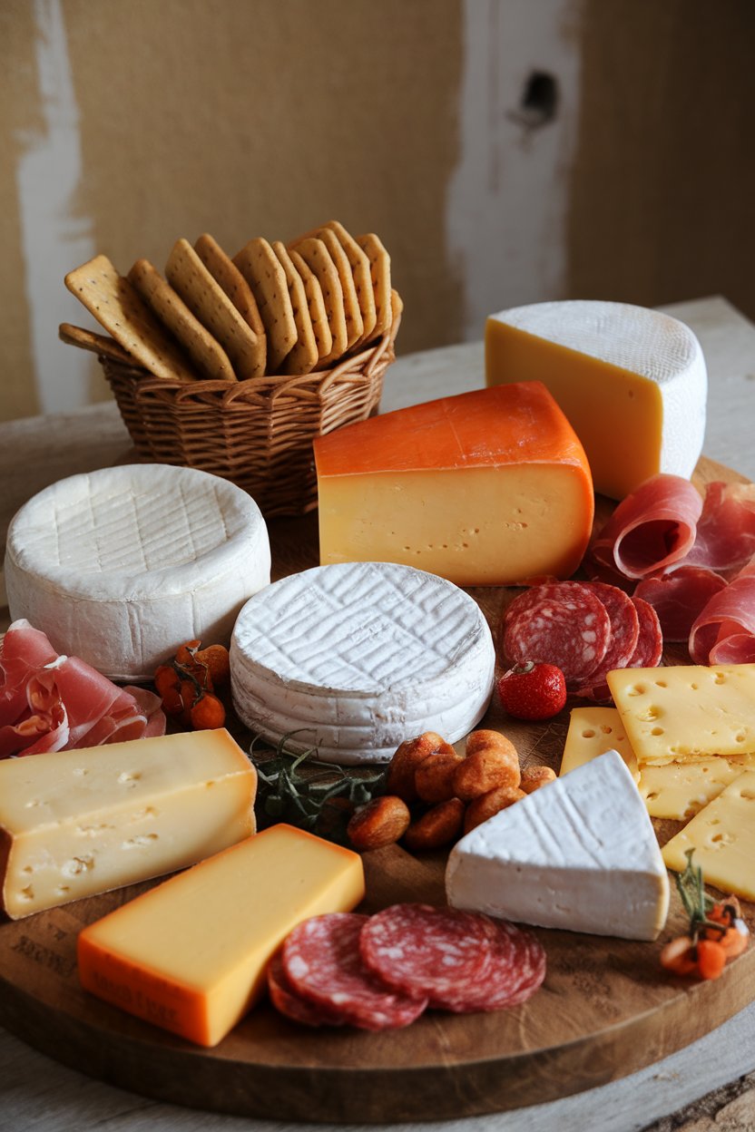 Indoor photo of assorted cheeses, cured meats, and crackers arranged on a wooden board; no text or logos.