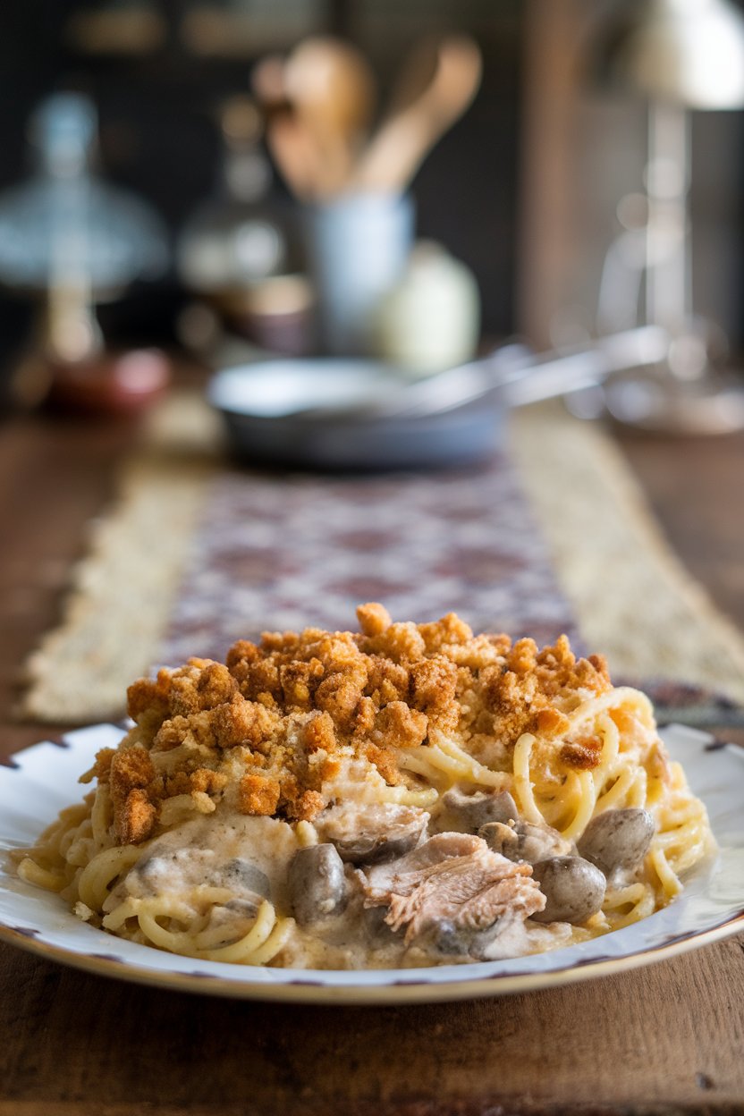 Indoor photo of a creamy spaghetti casserole with turkey chunks and mushrooms, topped with toasted breadcrumbs and parmesan. No text or logos.