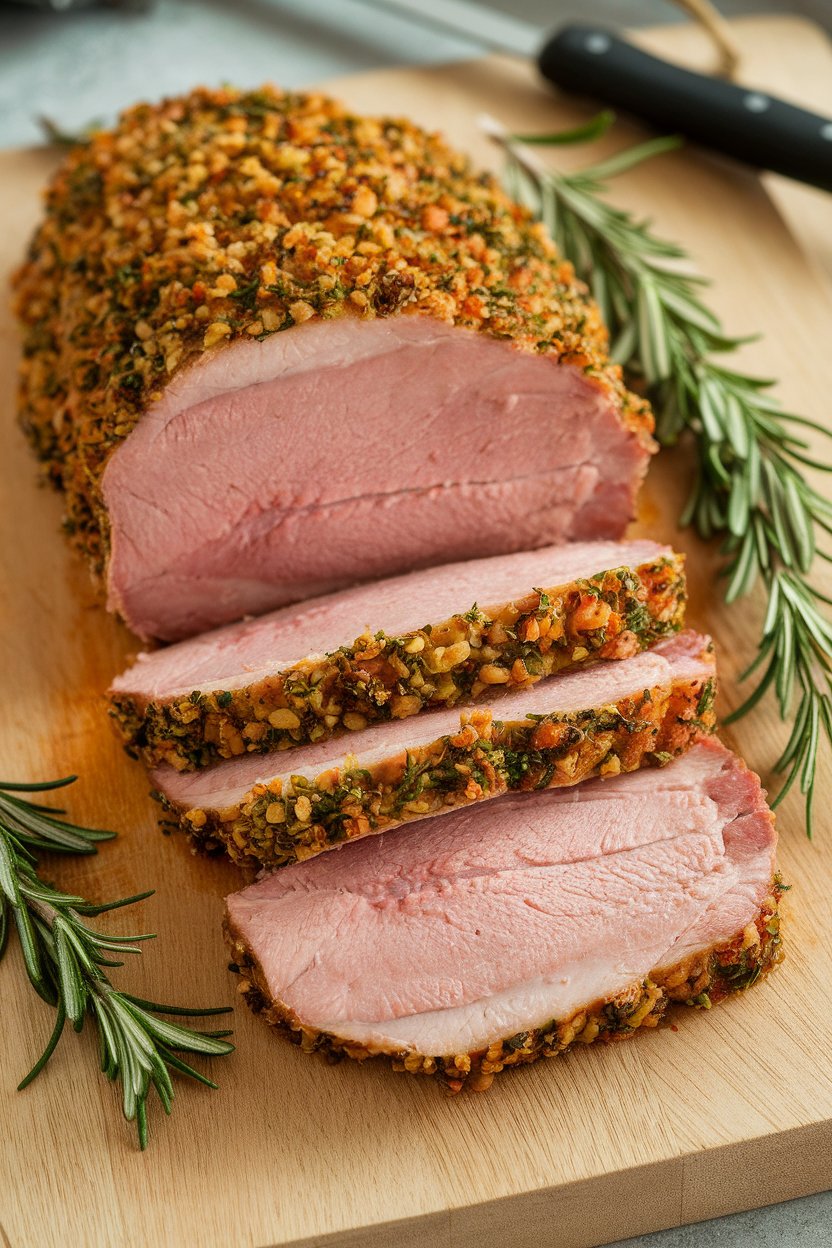 Indoor carving board with sliced lean pork loin coated in garlic herb crust, rosemary sprigs nearby; no text or logos; photo.