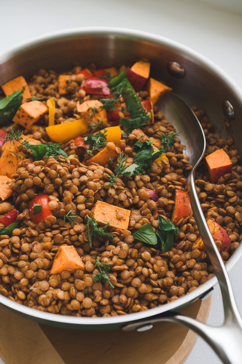 An indoor skillet filled with warm lentil hash featuring diced sweet potatoes, bell peppers, and herbs, spoon resting at the side. No text or logos. Photo, not illustration.