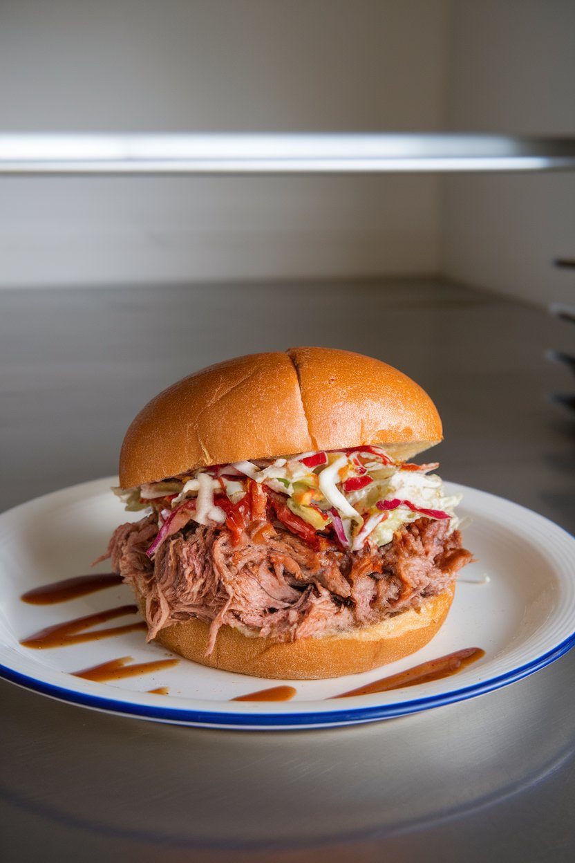 Photo of a pulled pork sandwich on a brioche bun indoors, topped with crunchy slaw, sauce drizzling onto plate, no text or logos