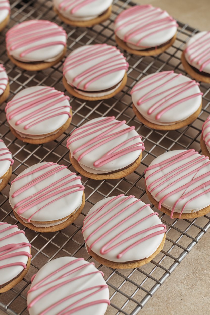 Classic sandwich cookies half-dipped in white chocolate and decorated with pink drizzle, arranged on an indoor cooling rack. No text or logos.