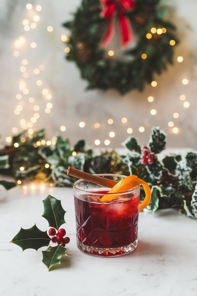 Indoor holiday bar scene featuring a rocks glass of deep red drink, cinnamon stick and orange peel garnish. No text or logos.