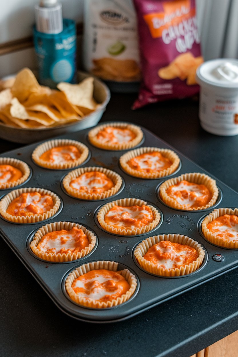 A muffin pan on an indoor countertop showing baked cheese cups filled with buffalo chicken dip, edges golden; no branding visible.