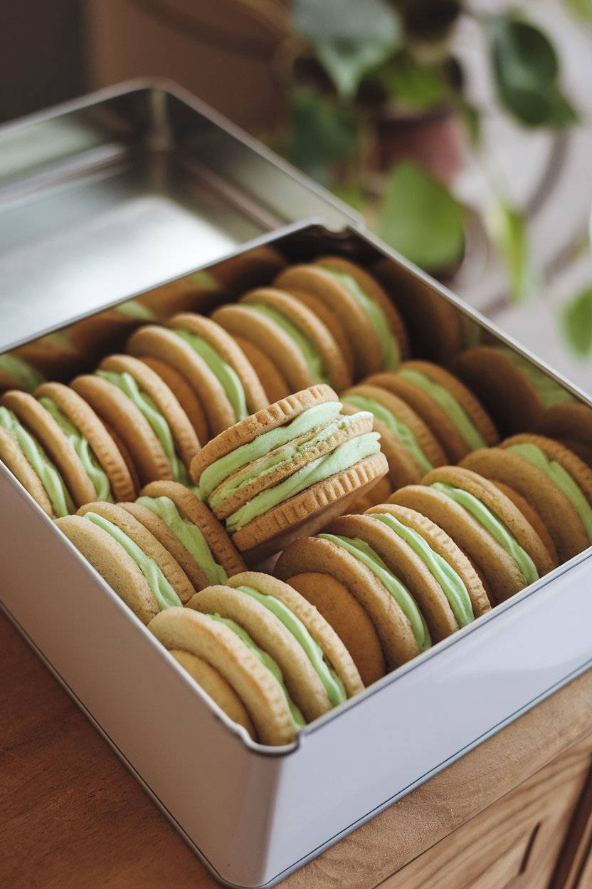 An indoor cookie tin filled with sandwich cookies holding pale green pistachio buttercream, no text or logos. Photo only.