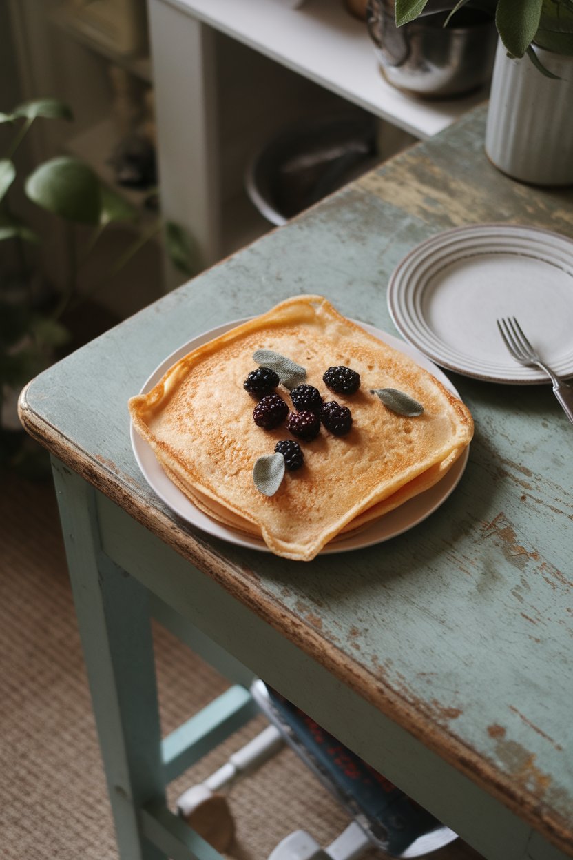 Pancake square with blackberries and tiny sage leaves on an indoor rustic table, no text or logos.