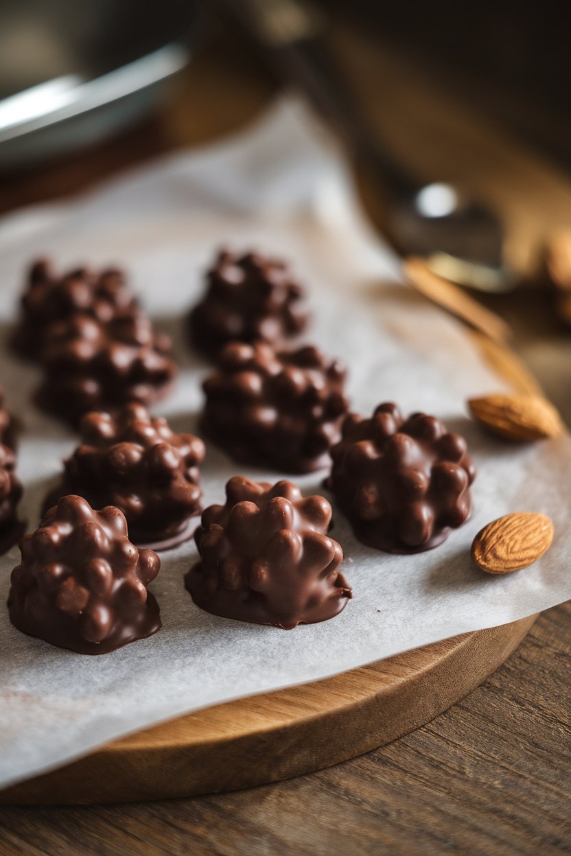 Indoor tabletop image of irregular dark chocolate almond clusters resting on wax paper, a few almonds scattered nearby. Photo, no text or logos.