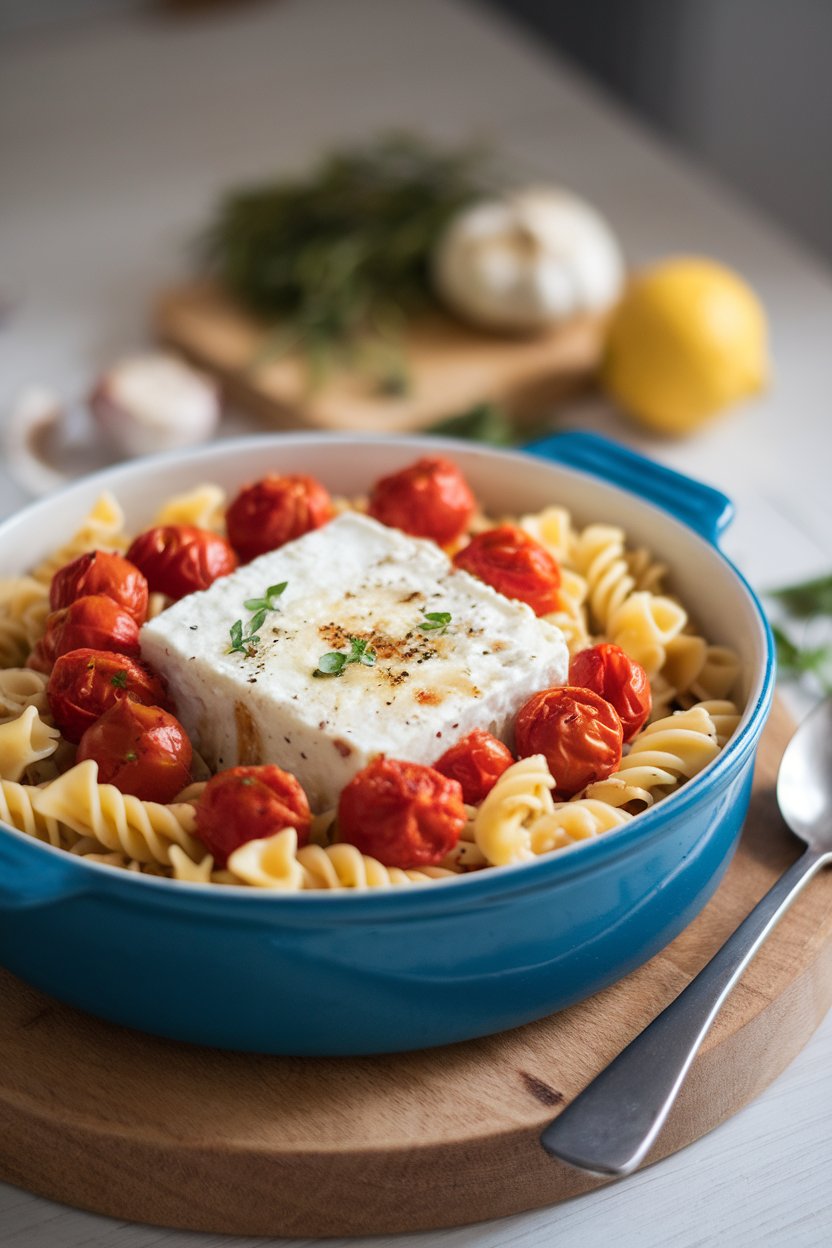 Indoor photo of a casserole dish with melted feta block surrounded by burst cherry tomatoes, stirred into pasta, no text or logos