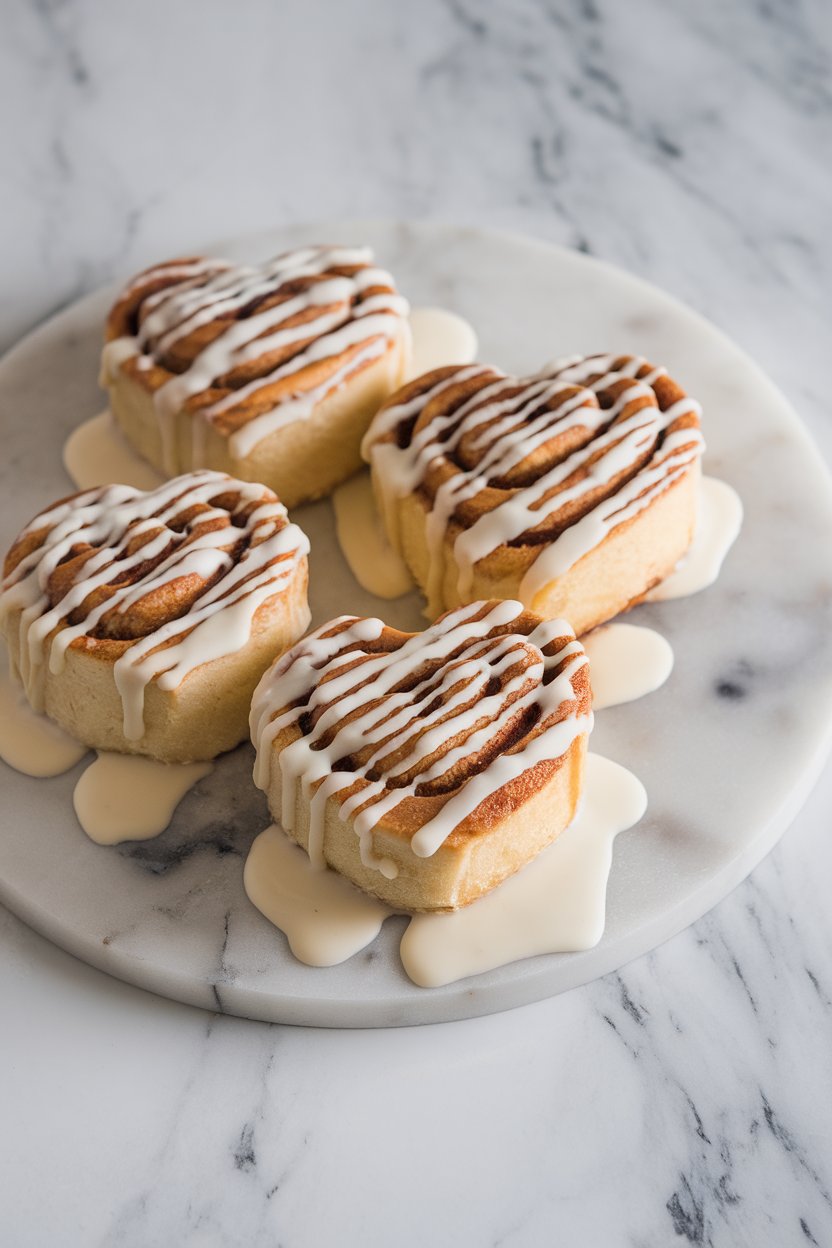 Indoor photo of heart-shaped cinnamon rolls drizzled with vanilla icing on a marble board, no text or logos visible