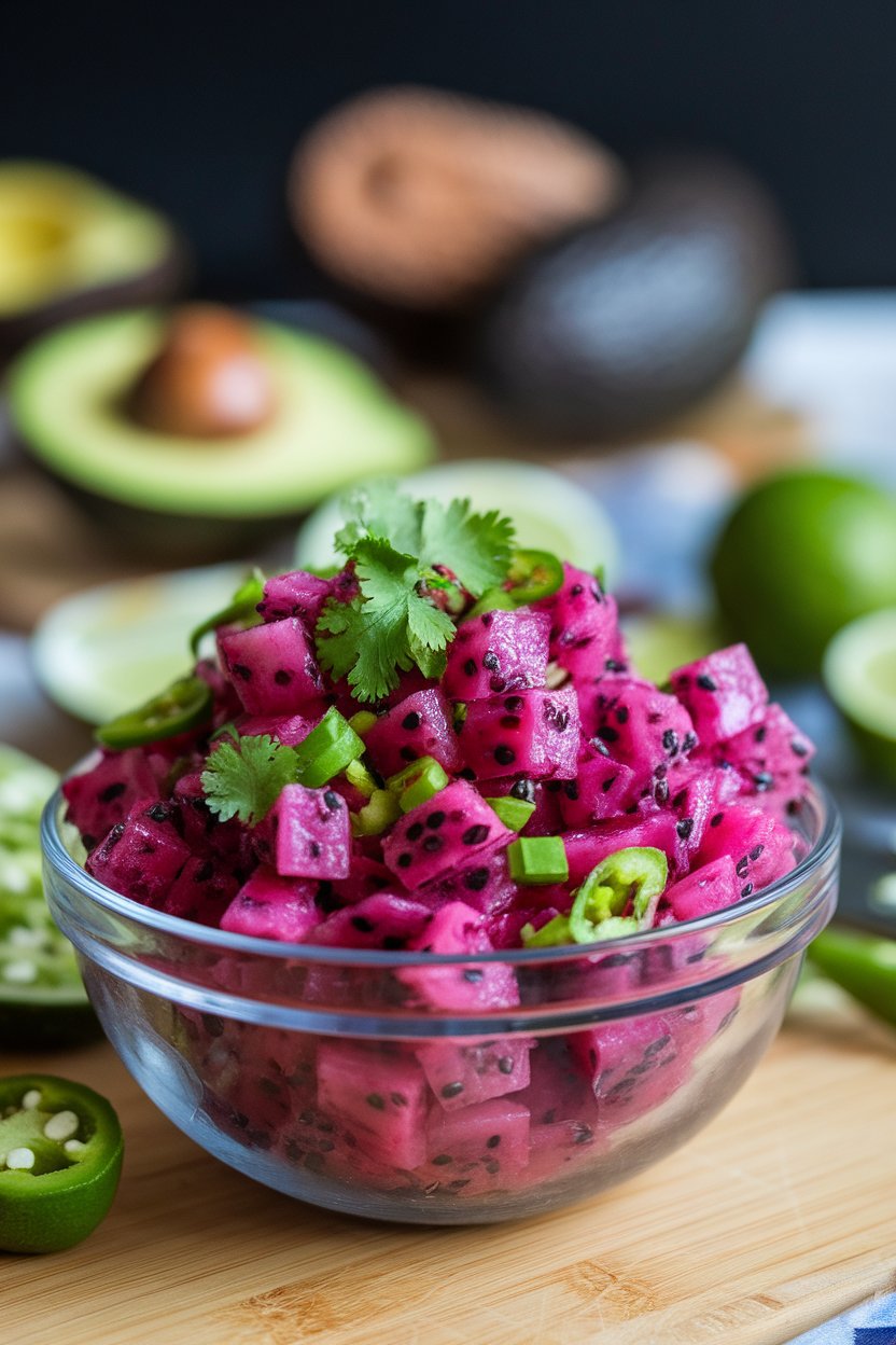 Indoor bowl of bright pink dragon fruit salsa with diced jalapeño, cilantro, and lime zest. Photo, no text or logos.