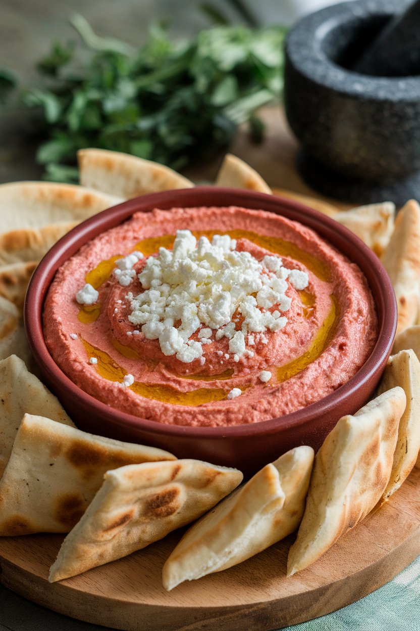 Indoor bowl of creamy red dip topped with crumbled feta and drizzled olive oil, pita triangles nearby. No logos or text.