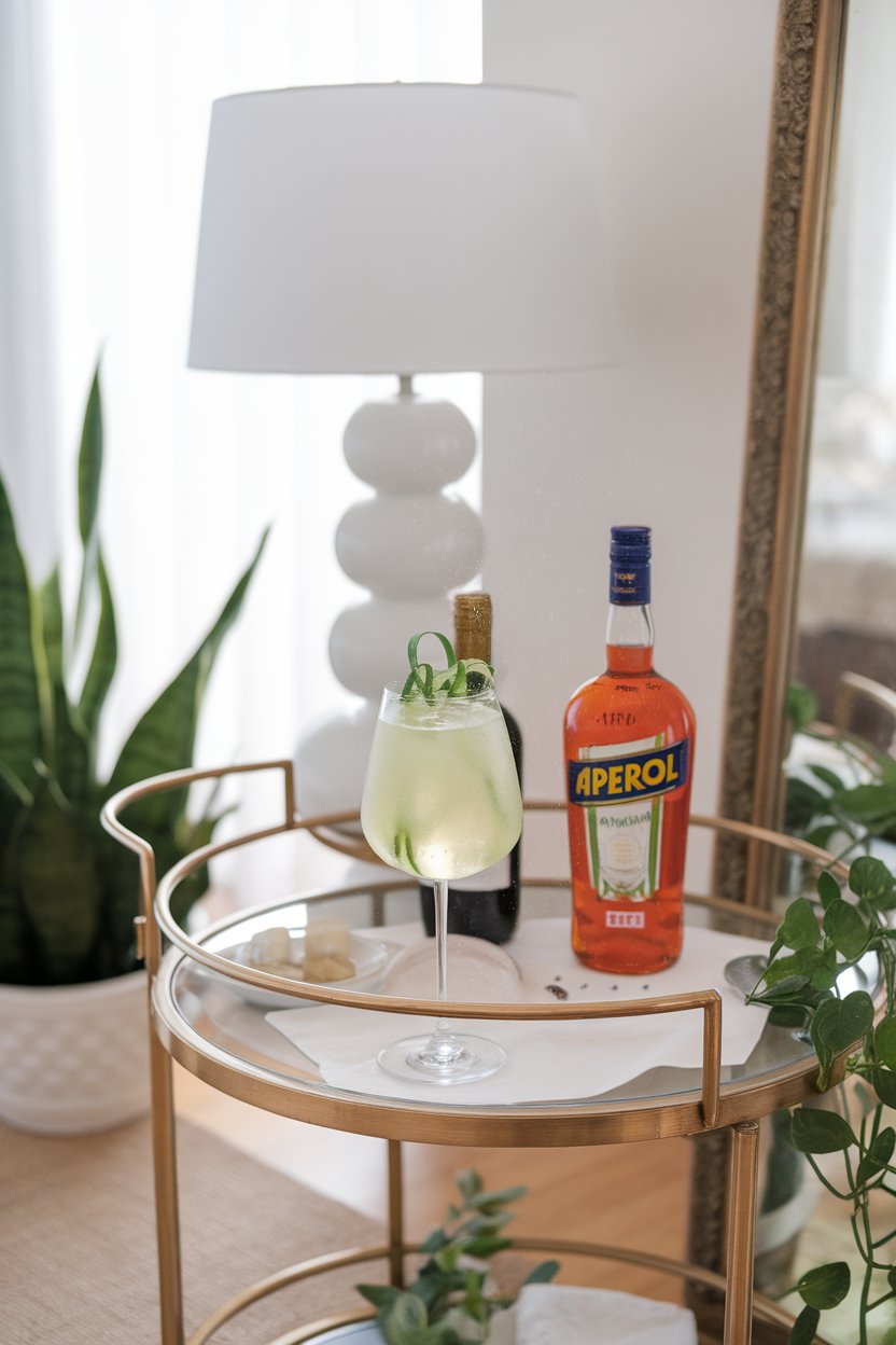 Indoor bar cart scene showing a stemmed wine glass of pale green spritz with cucumber ribbon garnish and tiny bubbles rising; photo, no logos.