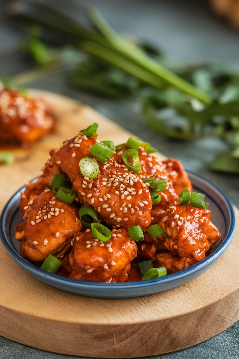 Indoor dish of red-chili-glazed chicken pieces sprinkled with sesame seeds and scallions. Photo only.
