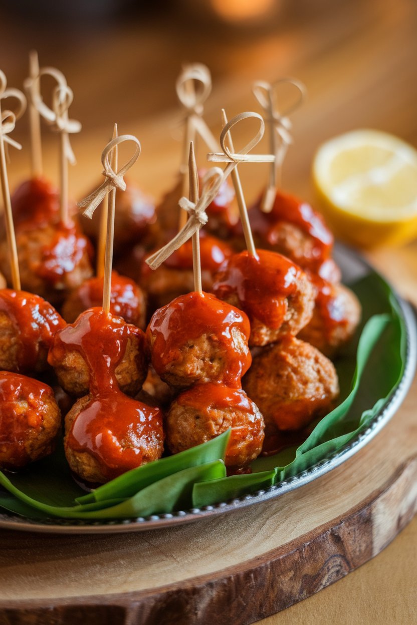 Indoor photo of mini meatballs glazed in sweet chili sauce, arranged on a platter with cocktail picks. Warm lighting, no text or logos.