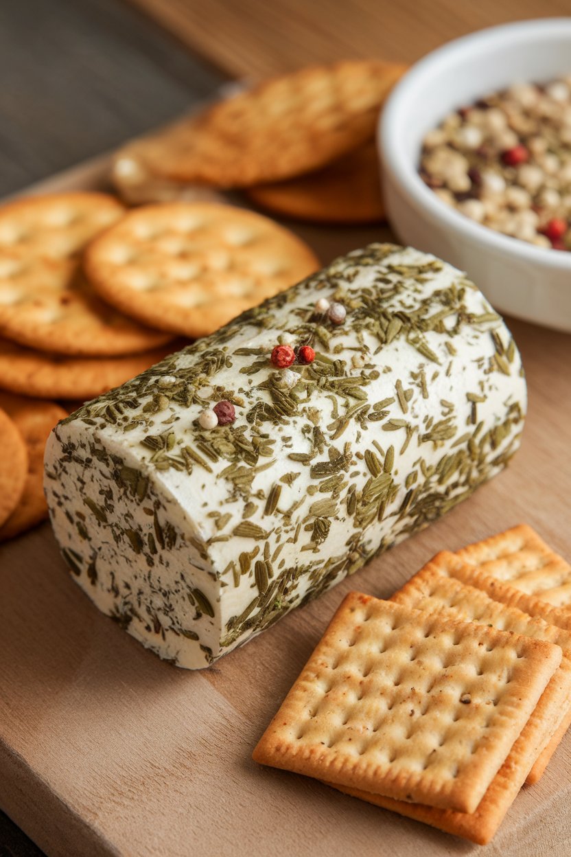 Indoor cheese board featuring a goat cheese log rolled in chopped herbs and crushed peppercorns, crackers on the side, no text or logos. Photo only.