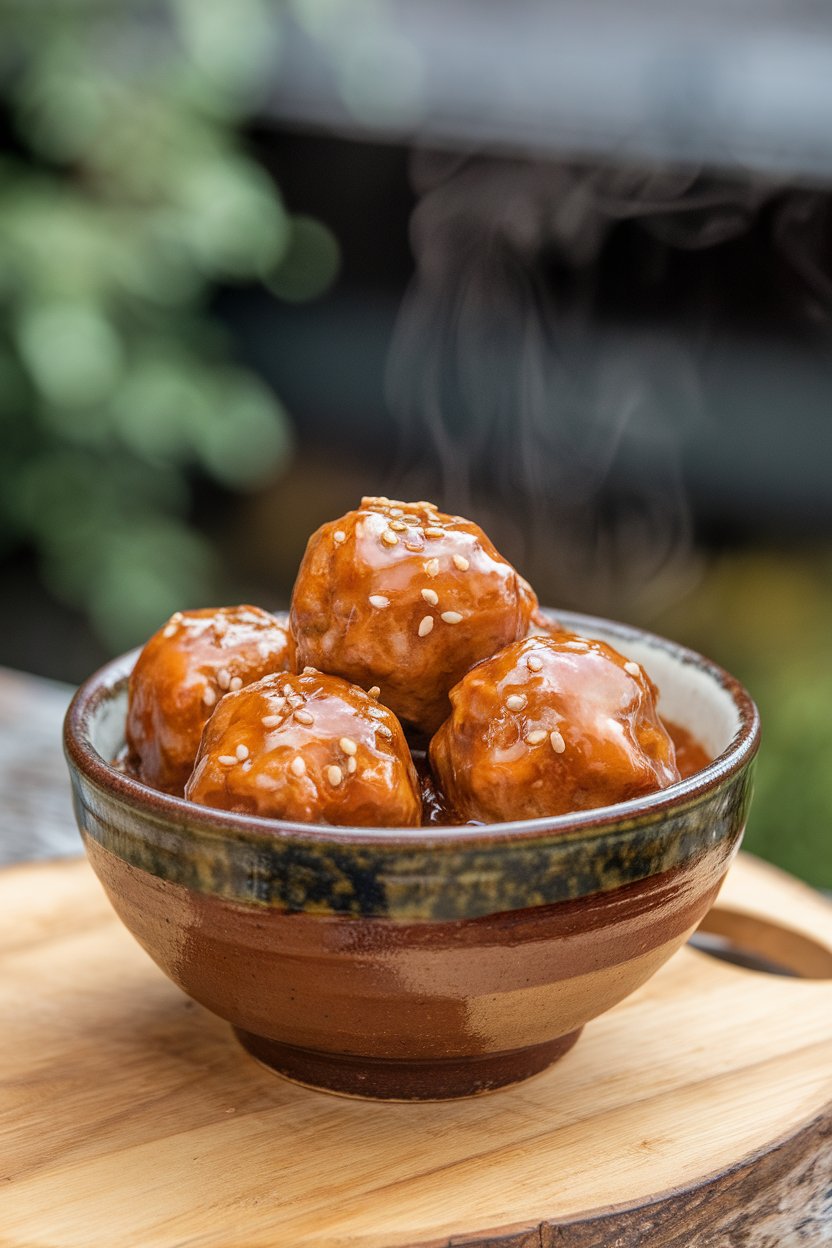 An indoor dining table holding a small ceramic bowl of glazed turkey meatballs sitting in a glossy teriyaki sauce, sprinkled with sesame seeds; steam gently rising; no text or logos; photo only.