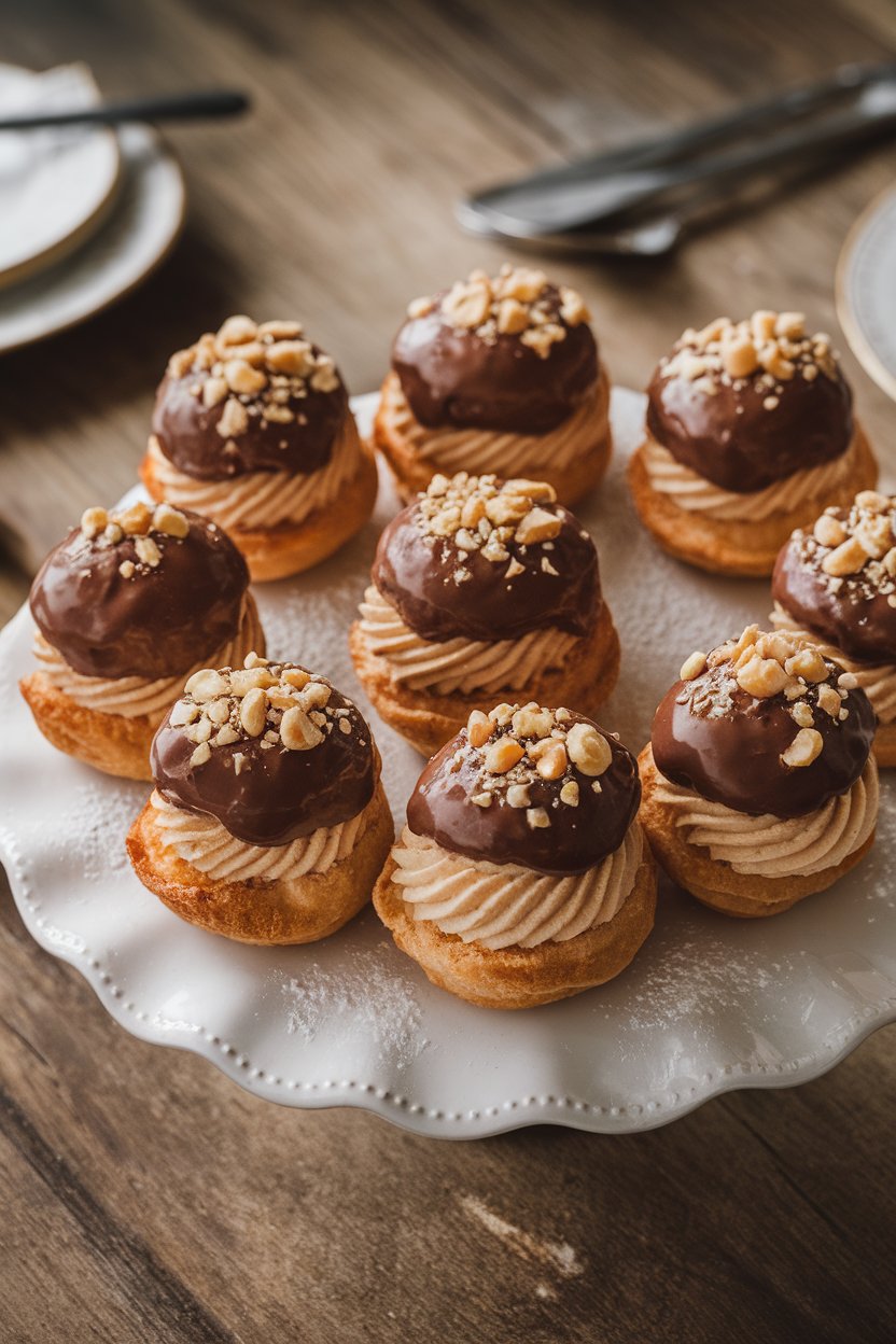 Photo of profiteroles filled with hazelnut cream, capped with chocolate glaze and crushed hazelnuts, arranged on an indoor platter. No text or logos.