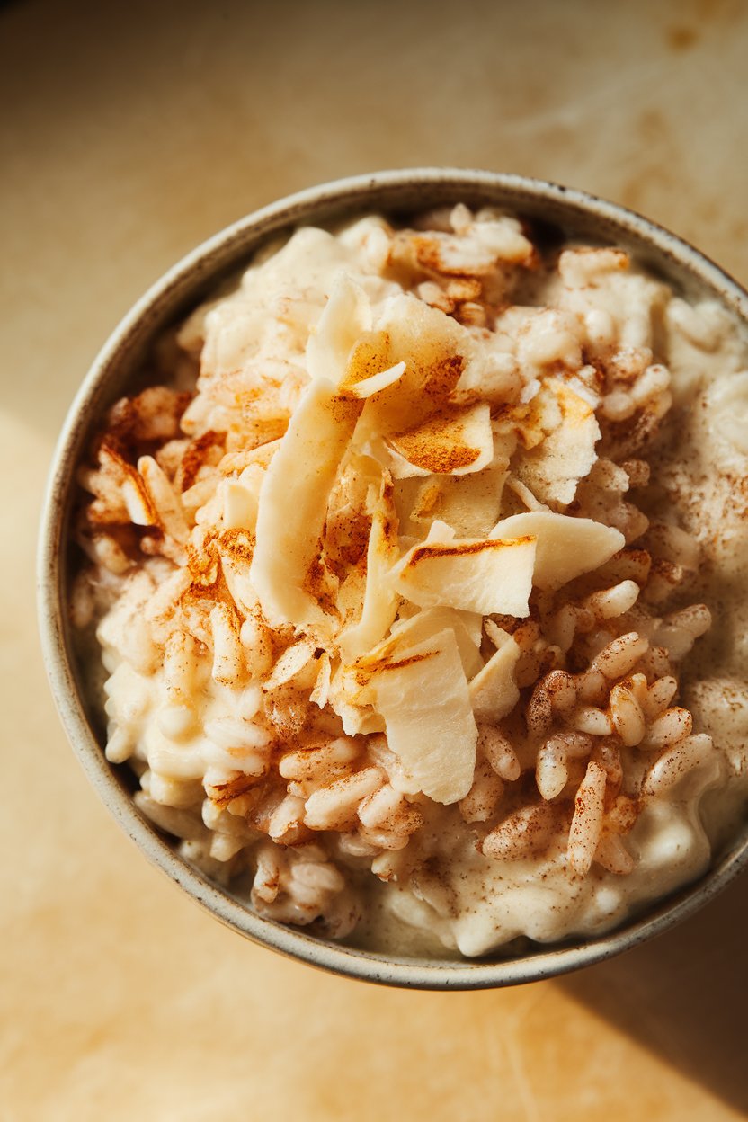 An indoor dessert bowl filled with creamy rice pudding, sprinkled with toasted coconut flakes, warm light highlighting the texture. No text or logos present.
